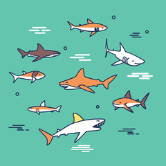 "Dynamic Shark Silhouette Collection Featuring Great White, Hammerhead, and Ocean Wildlife Scenes Vector Illustration"