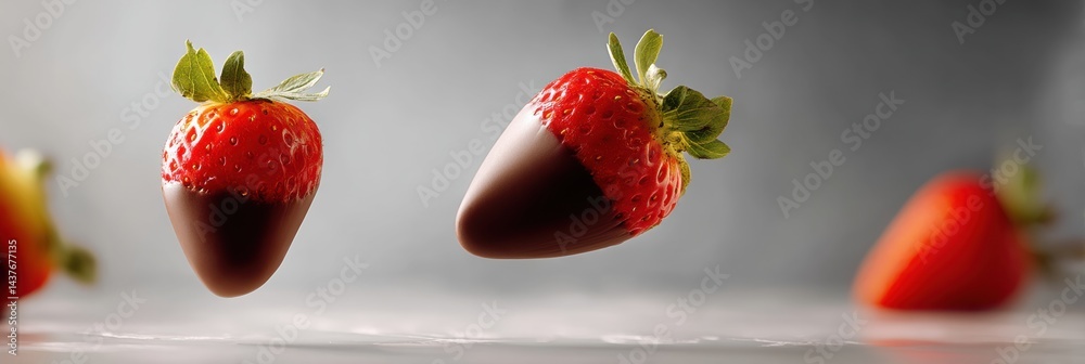 Poster chocolate dipped strawberries hovering in mid-air captured in high-key style with soft light