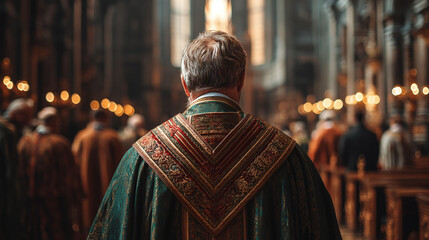Obraz premium Back view of elderly caucasian male clergyman in traditional attire in cathedral setting