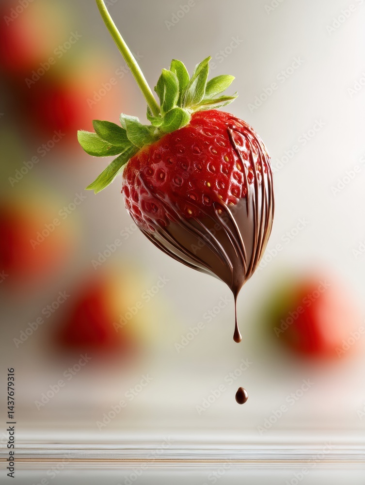 Poster chocolate dipped strawberry floating in mid-air with a blurred background of more strawberries