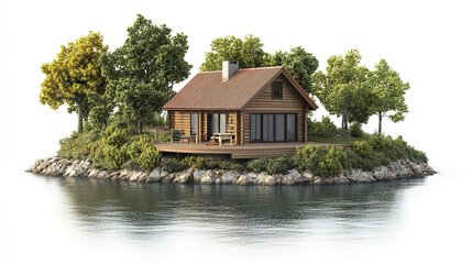 Obraz premium cozy wooden house surrounded by trees on serene island, reflecting tranquility and nature