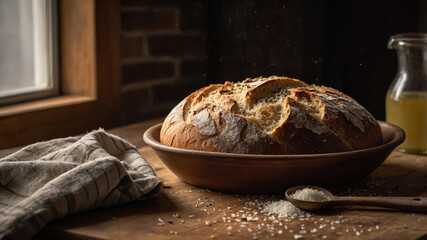 A loaf of artisan sourdough bread sits on a cooling rack, with its crust perfectly golden and cracked. The setting includes a sprinkling of flour on a wooden countertop, emphasizing the homemade vibe