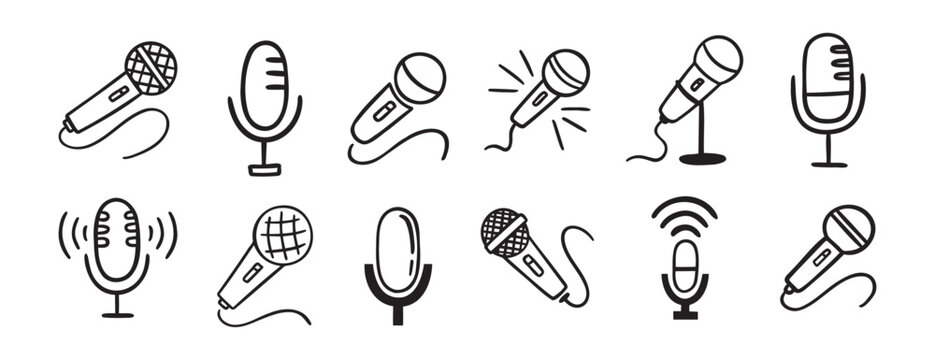 microphone icon doodle hand drawn set. Outline drawing microphone line clipart symbol collection