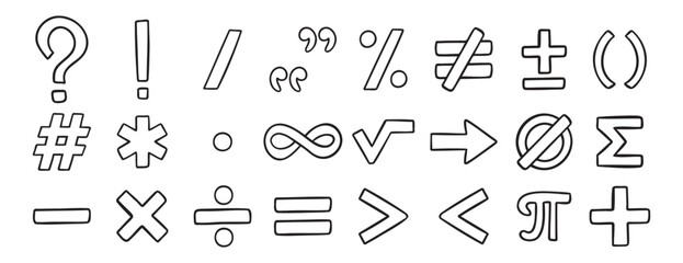 math symbols doodle hand drawn icon set. Outline drawing line clipart symbol collection