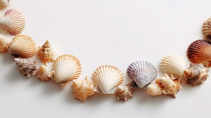 Tropical Seashells Arranged in an Arc Pattern on a Light Background