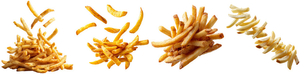 Display features a variety of French fries showcasing different cuts and styles, highlighting their golden color and crispy texture against a white background
