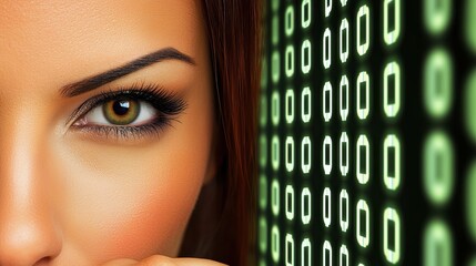 Exploring digital insights female tech enthusiast engaging with binary code background modern office close-up view