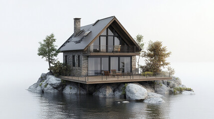 Obraz premium beautiful vacation home situated rocky island, surrounded by calm waters and nature tranquility