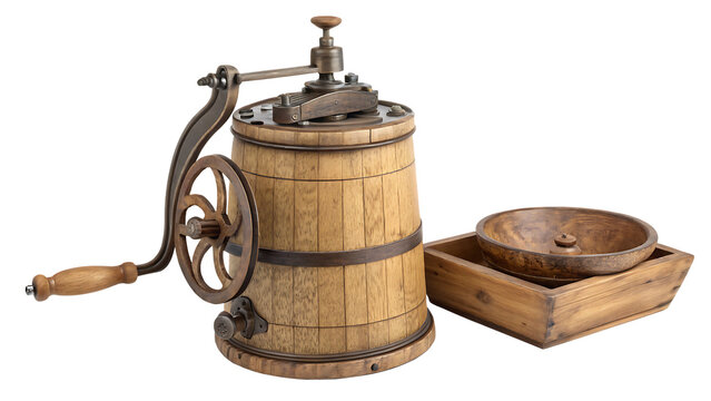 Antique wooden butter churn with crank and bowl