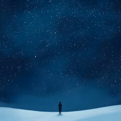 Obraz premium A person stands alone in a snowy field under a starry sky