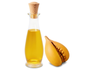 Baobab Oil (Adansonia digitata) A clear glass bottle filled with golden baobab oil. The oil's smooth texture and light color