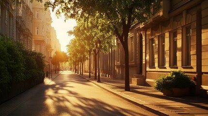 Obraz premium Empty boulevard glowing in golden-hour sunshine, clean sidewalks and neat facades reflecting the gentle warmth of the day.