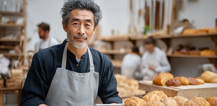 Man with a white apron stands in front of a bakery counter with a tray of bread
