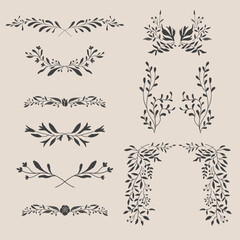 Art nouveau flower frame. Flower and leaf border, branch, wreath, garland decoration. Botanical vector illustration. Vintage antique classic floral graphic element. 