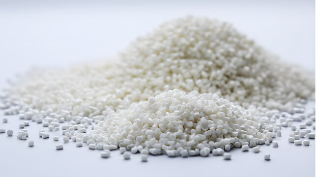close up of white plastic granules arranged on a white background, Polymer plastic beads resin polymer