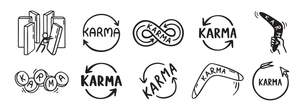 Karma arrows and karma concept doodle hand drawn icon social media. Outline drawing karma line clipart symbol