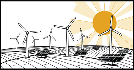 Renewable Energy: Wind Turbines & Solar Panels Line Art © Tharindu