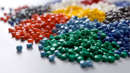 close up of various colored plastic granules arranged on a white background, Polymer plastic beads resin polymer