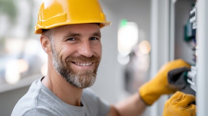 Man with a yellow hard hat is smiling and working on a project. He is wearing a yellow shirt and a yellow glove
