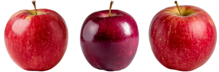 Three vibrant red apples are displayed against a plain white background. Each apple varies in hue and surface texture, creating a delightful visual contrast