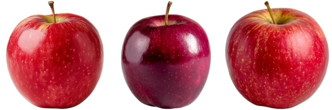 Three vibrant red apples are displayed against a plain white background. Each apple varies in hue and surface texture, creating a delightful visual contrast