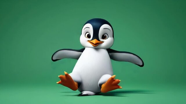 Cute cartoon penguin standing on green background