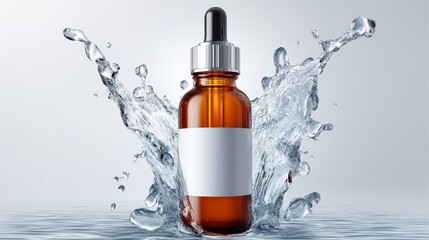 Bottle of perfume is floating in a splash of water. The bottle is brown and white, and the water is clear. Concept of luxury and relaxation, as the perfume is often associated with self-care