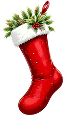 classic red Christmas stocking with white fluffy trim, small holly leaves and berries 