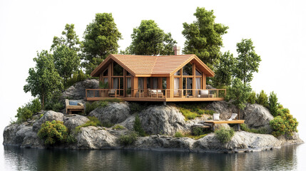 Fototapeta premium beautiful vacation home nestled on rocky island surrounded by lush trees and water