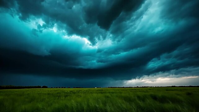 Storm clouds gather over a vast green field as thunder rumbles and nature's power unfolds in an epic display Generative AI