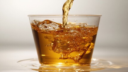 Refreshing Golden Beverage Pouring into Clear Plastic Cup with Bubbles and Splash Effects