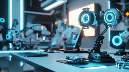 Futuristic Laboratory Setting with Advanced Robotics and Technological Equipment at Night