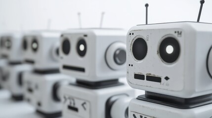 Charming Retro Robots in a Row Showcasing Nostalgic Design and Playful Character Traits
