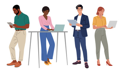 Business people working at laptop, digital tablet. Different men and women wearing smart casual office outfits standing with computer. Vector realistic illustration isolated on transparent background
