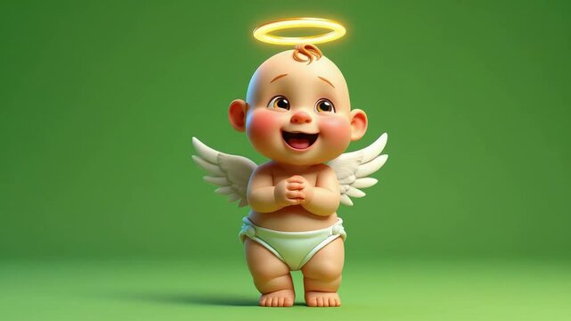 Cartoon baby angel smiling with halo on green background