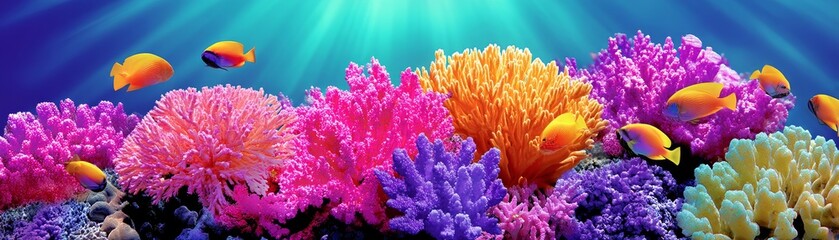 Fototapeta premium Vibrant coral reef ecosystem tropical ocean hyperrealistic photograph underwater environment close-up view marine life diversity