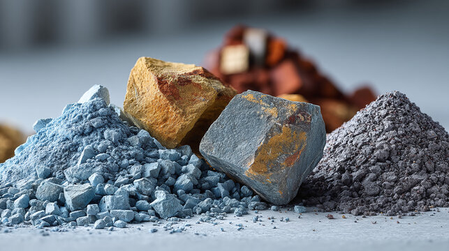 Small piles of various minerals extracted from a rare earth mine, highlighting the diversity and importance of these resources in modern industry