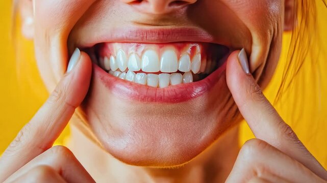 Smiling face showing teeth with fingers pointing to missing tooth