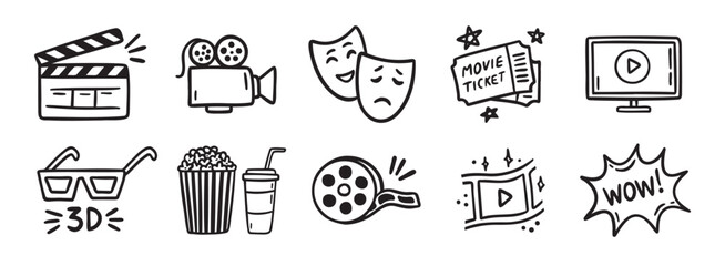 movie theater or cinema doodle hand drawn icon set. Outline drawing movie theater or cinema line clipart symbol collection