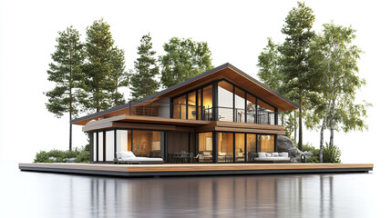 Modern vacation home with large windows and wooden accents, surrounded by trees and water