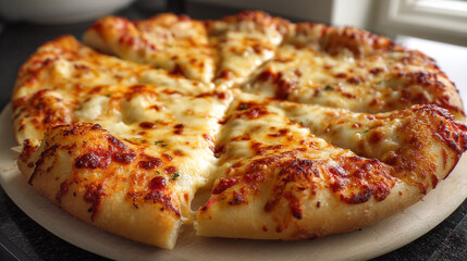 Sliced Cheese Pizza with Greens, macro shot focusing on the texture of the pizza crust and the melted cheeps