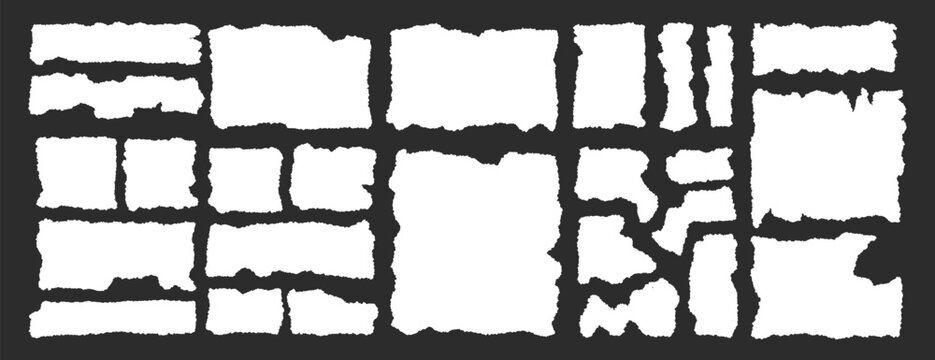 Torn paper pieces frame set. Torn paper with jagged edges. Ripped rectangular shape silhouette collection. Textured grunge elements collage, text box, poster, banner