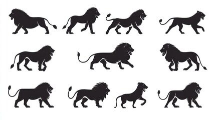 Twelve lion silhouettes, various poses, white background, design element (1)