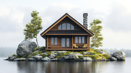 Obraz premium cozy log cabin surrounded by water and trees, perfect for peaceful retreat