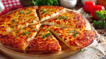Cheese pizza on wooden board, rustic setting, A classic cheese pizza, sliced and ready to eat, on a wooden board, Cheesy garlic bread pizza cut into slices and served on a wooden tray