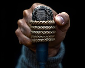 hand with microphone tied with rope. freedom of the press, mass media freedom, world press freedom day