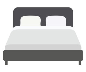 Simple vector double bed, table, potted plant. Scandinavian cozy bedroom furniture.