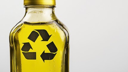 Glass bottle of used cooking oil with recycling sign for eco-friendly disposal and sustainability