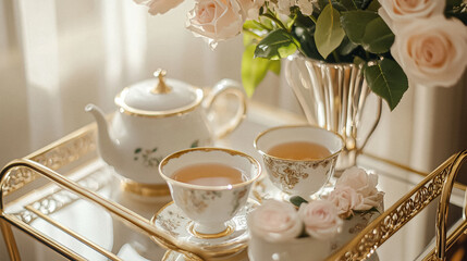Traditional English afternoon tea at the manor, teatime scenes with floral porcelain, sweet treats, and romantic settings in country manor lounges and garden rooms, evoking gentle, timeless charm and