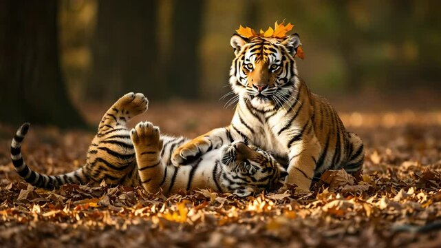Two tiger cubs play-fighting in a pile of autumn leaves